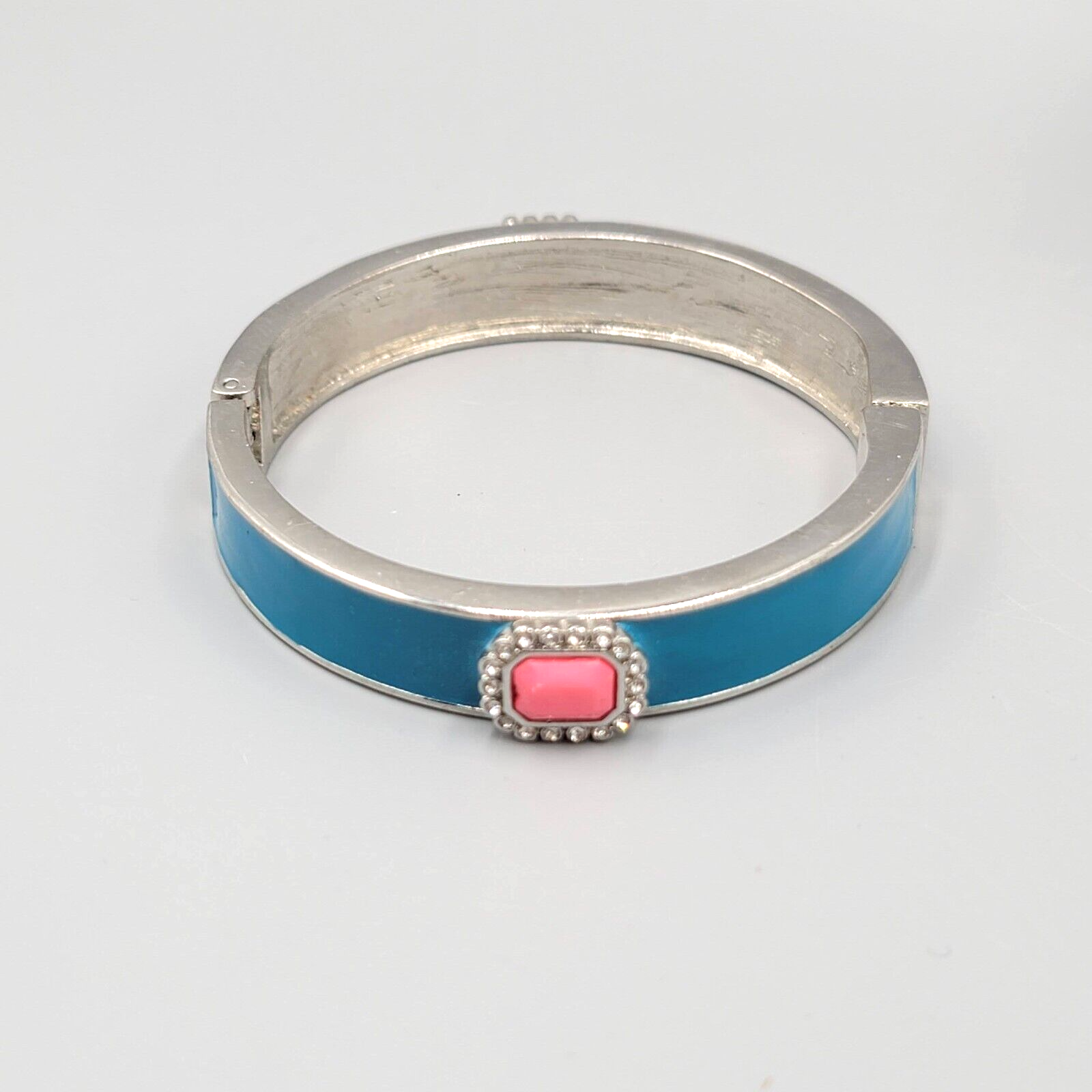 Hinged Bangle Bracelet Silver tone Blue Enamel Pink Accent 7.25"