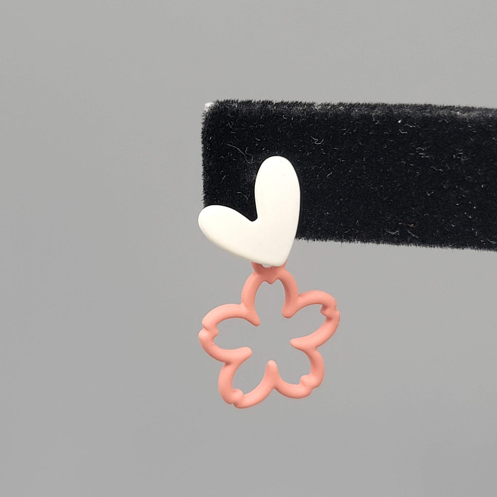 White Heart Pink Flowers Pierced Earrings Matte Enamel Dangle 1 in