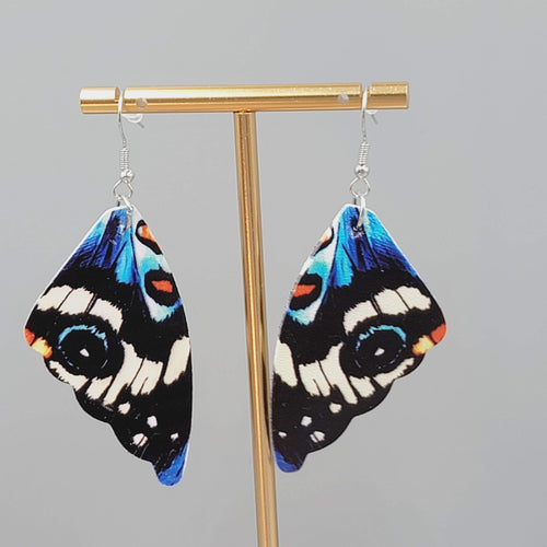 Butterfly Wing Pierced Earrings Blue  Statement Dangle 2.25"