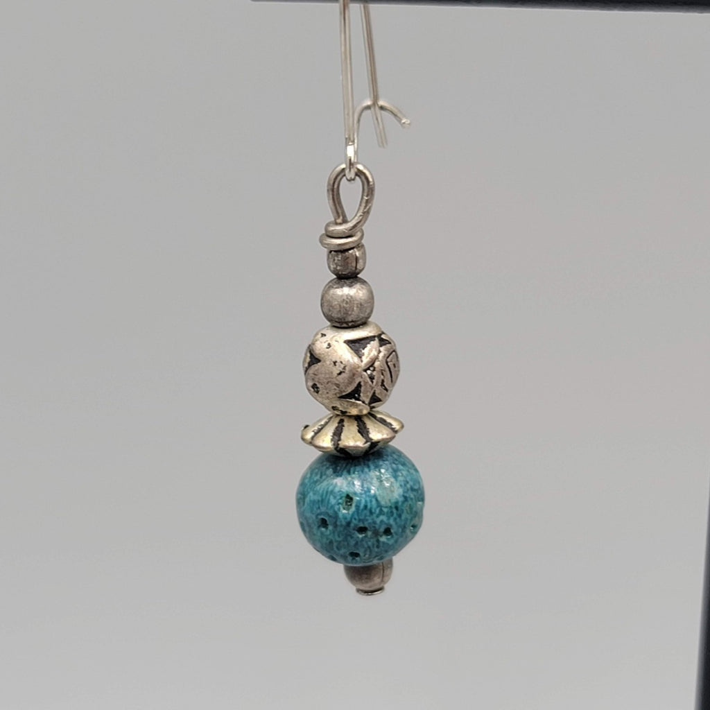 Vintage Blue Bead Pierced Earrings Silver tone Dangle 7/8"