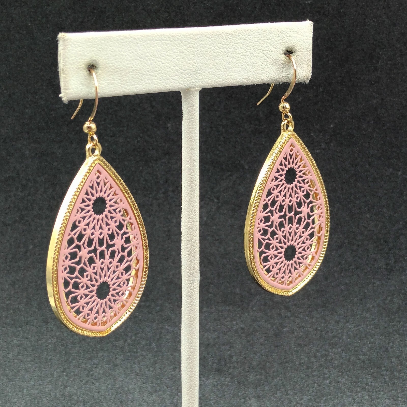Pierced Earrings Gold tone Pink Acrylic Open Work Teardrop Dangle  1 3/4"