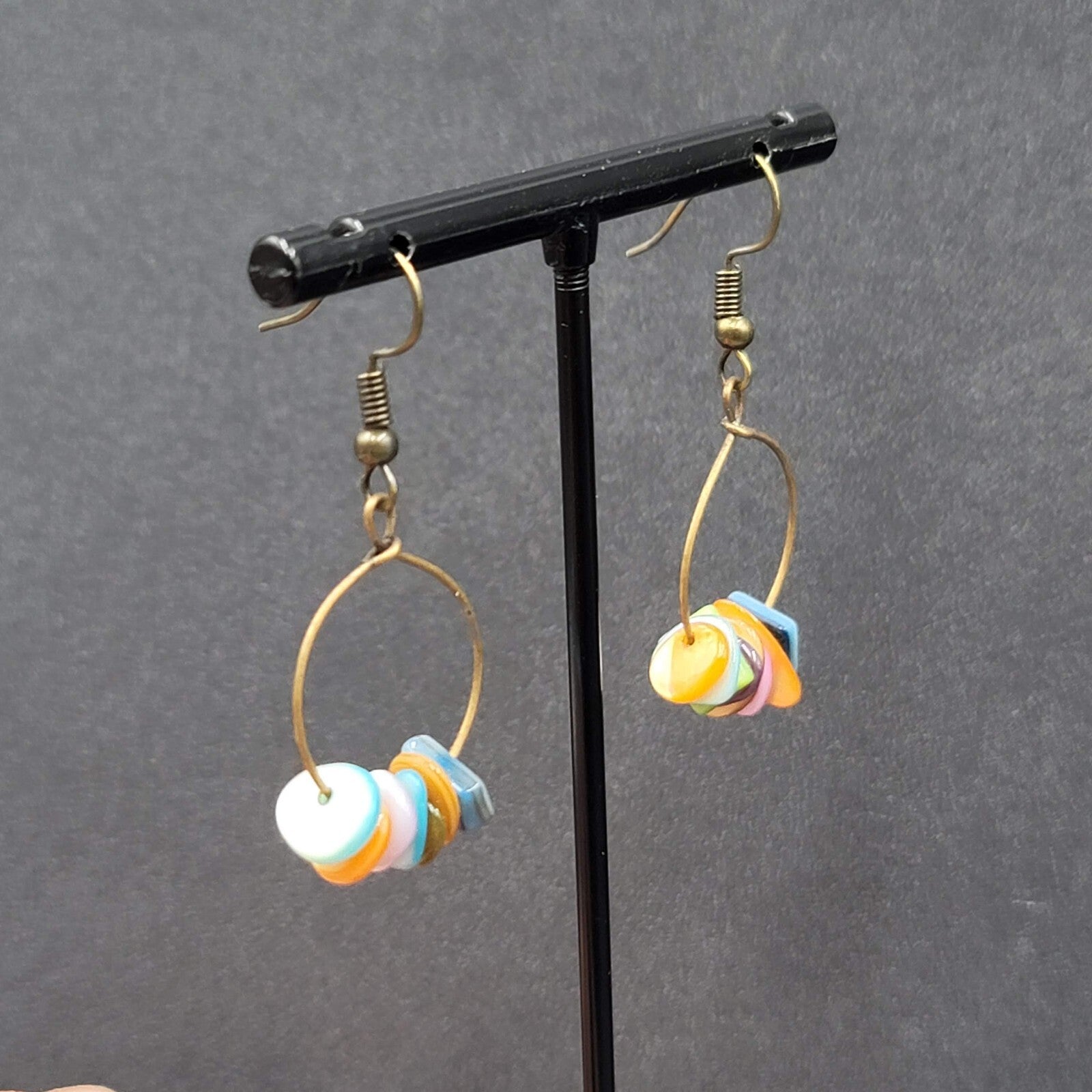 Pierced Earrings Multicolor Shell Beads Dangle Hoops 1 1/8"