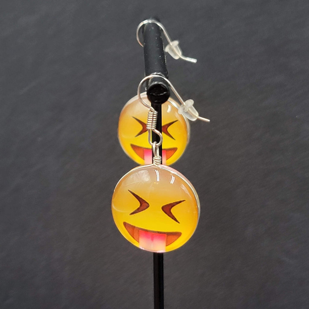 Pierced Earrings Glass Yellow Laughing Emoji Dangle 1"