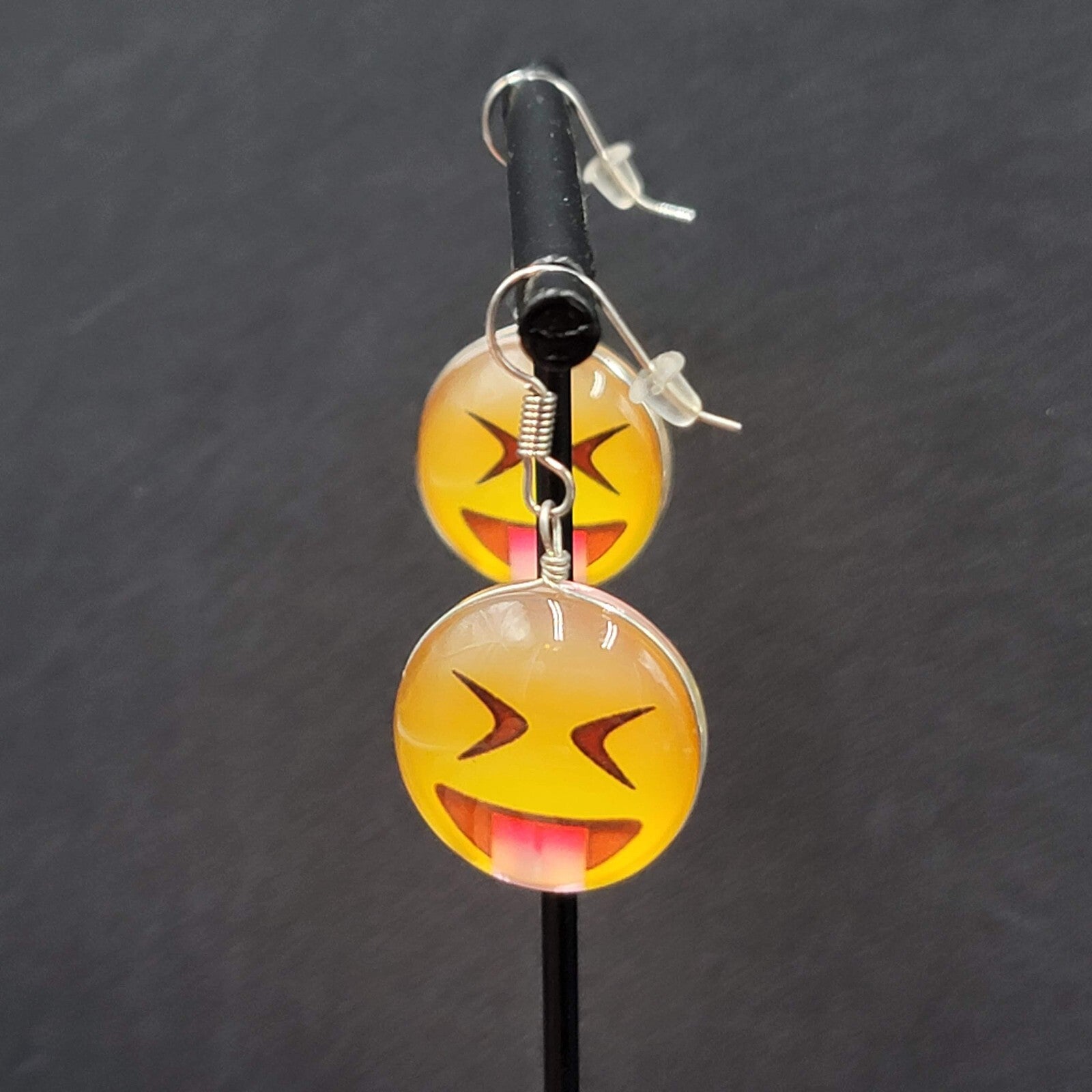Pierced Earrings Glass Yellow Laughing Emoji Dangle 1"