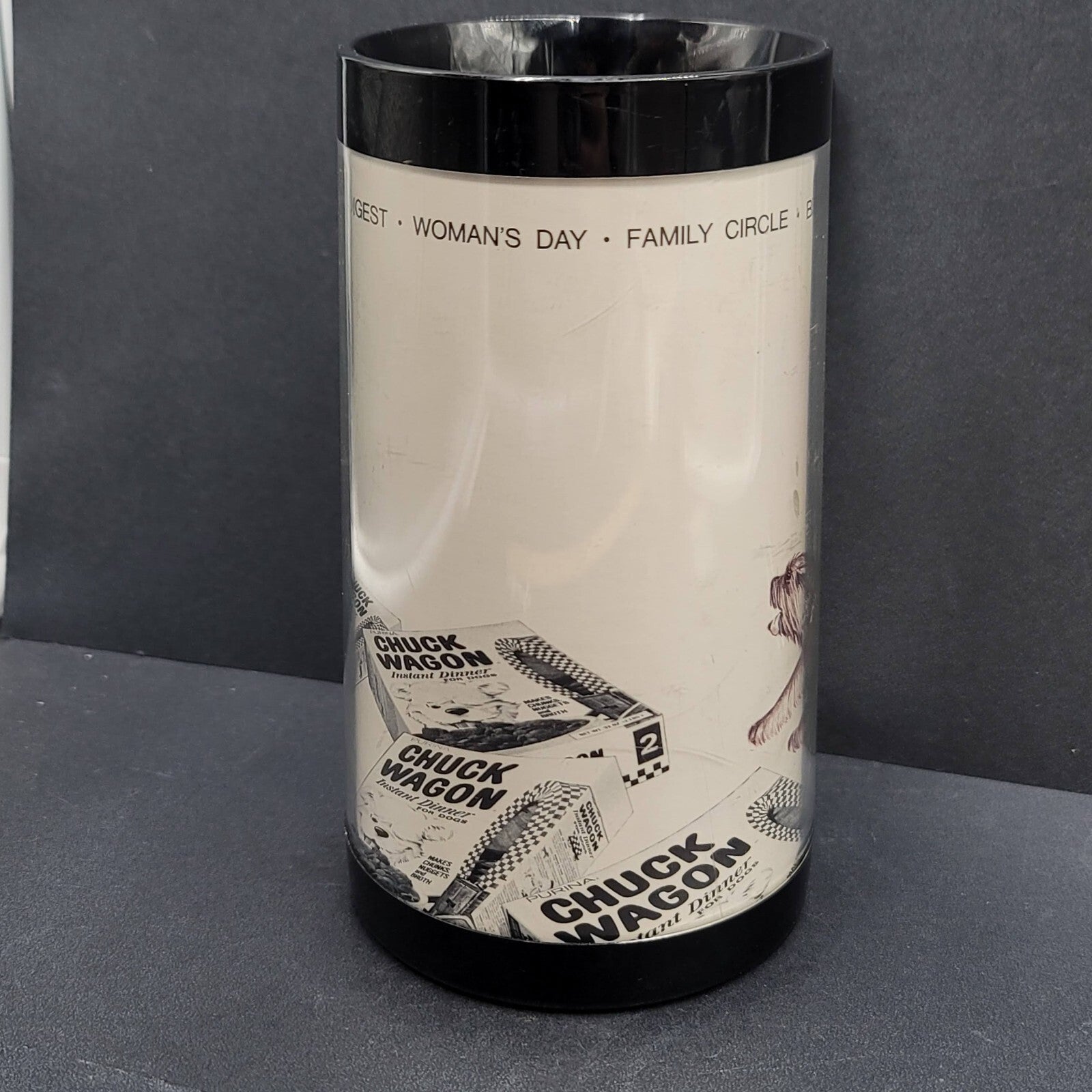Vintage Thermo Serve Coffee Tumbler Cup CHUCK WAGON Dog Advertising Magazines