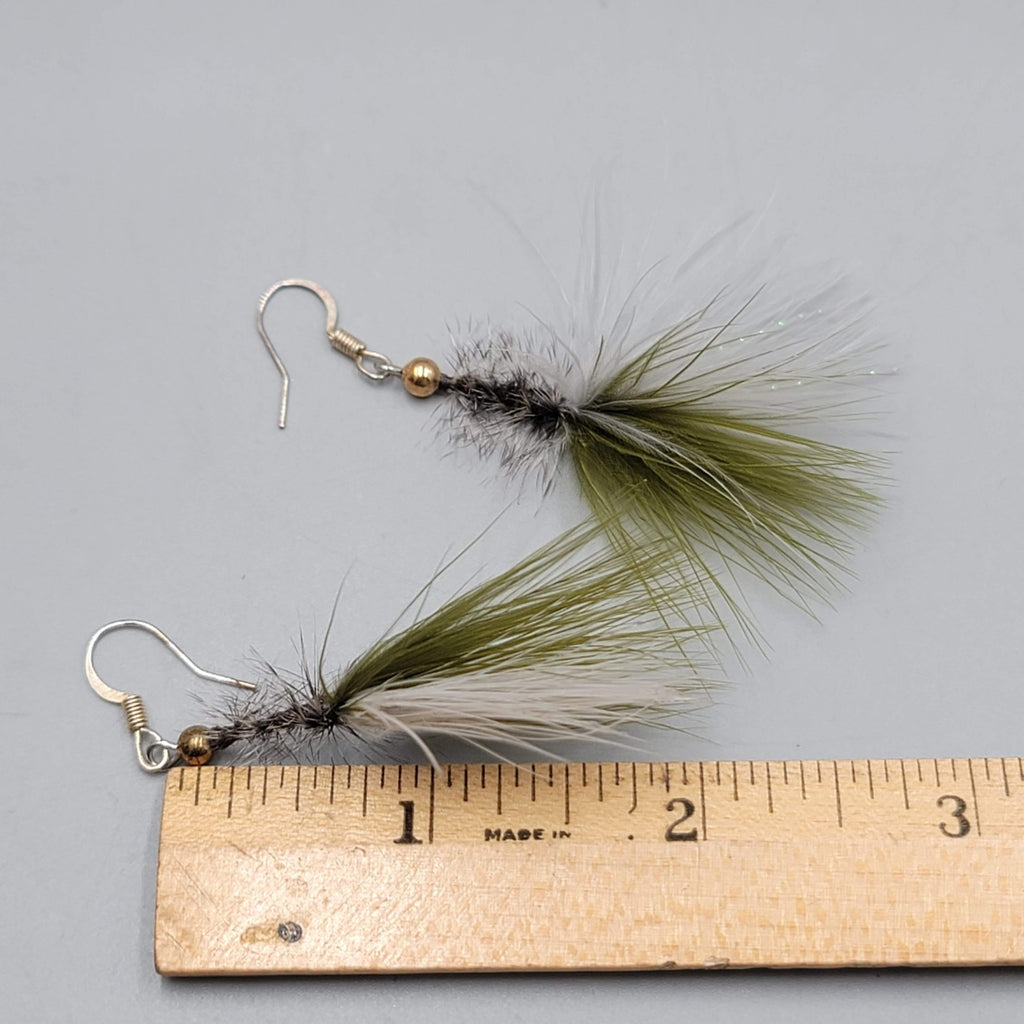Artisan Pierced Earrings Feather Fly Tie Fishing Dangle Green White 2"
