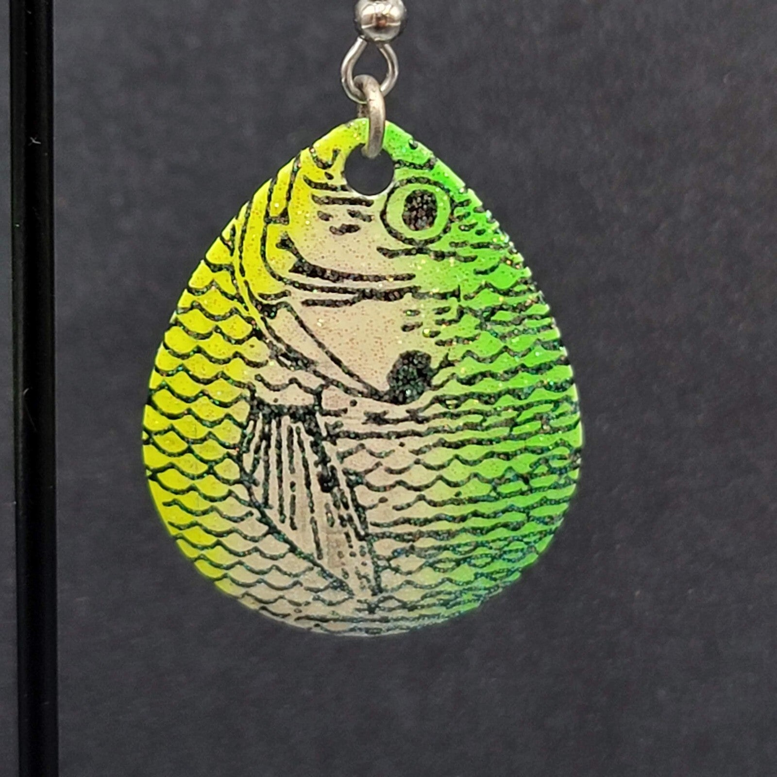 Fishing Lure Pierced Earrings Neon Green Yellow Teardrop Fish Dangle 1.5"