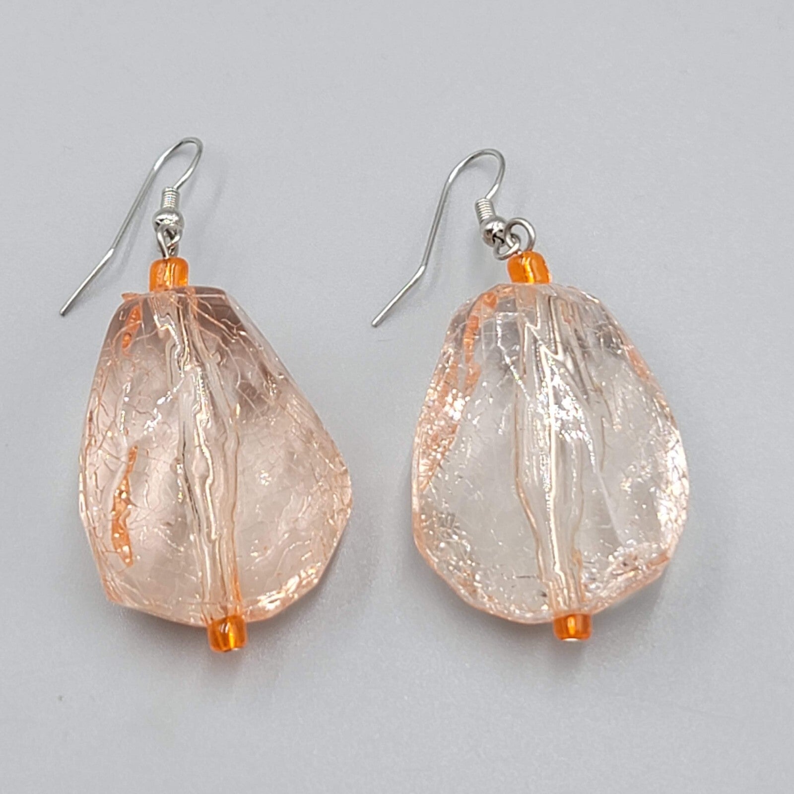 Peach Crackle Large Statement Bead Pierced Earrings Silver tone Dangle 1.5"