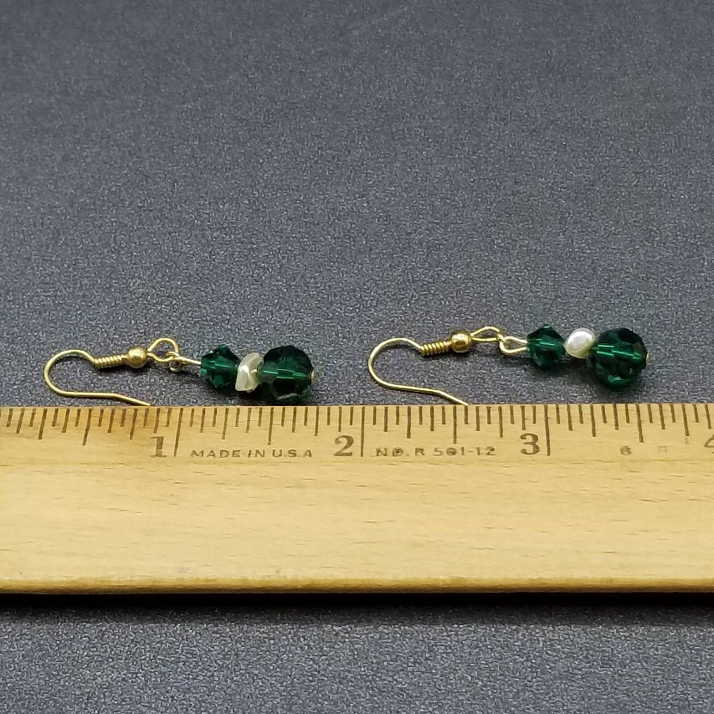 Pierced Earrings Gold tone Green Faceted Crystal Beaded Dangle  3/4"