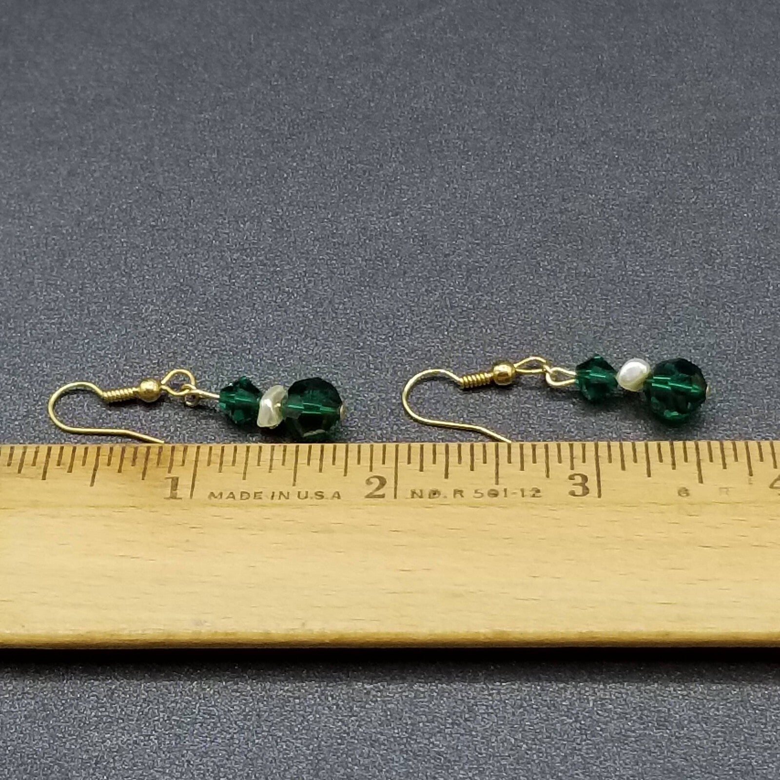 Pierced Earrings Gold tone Green Faceted Crystal Beaded Dangle  3/4"