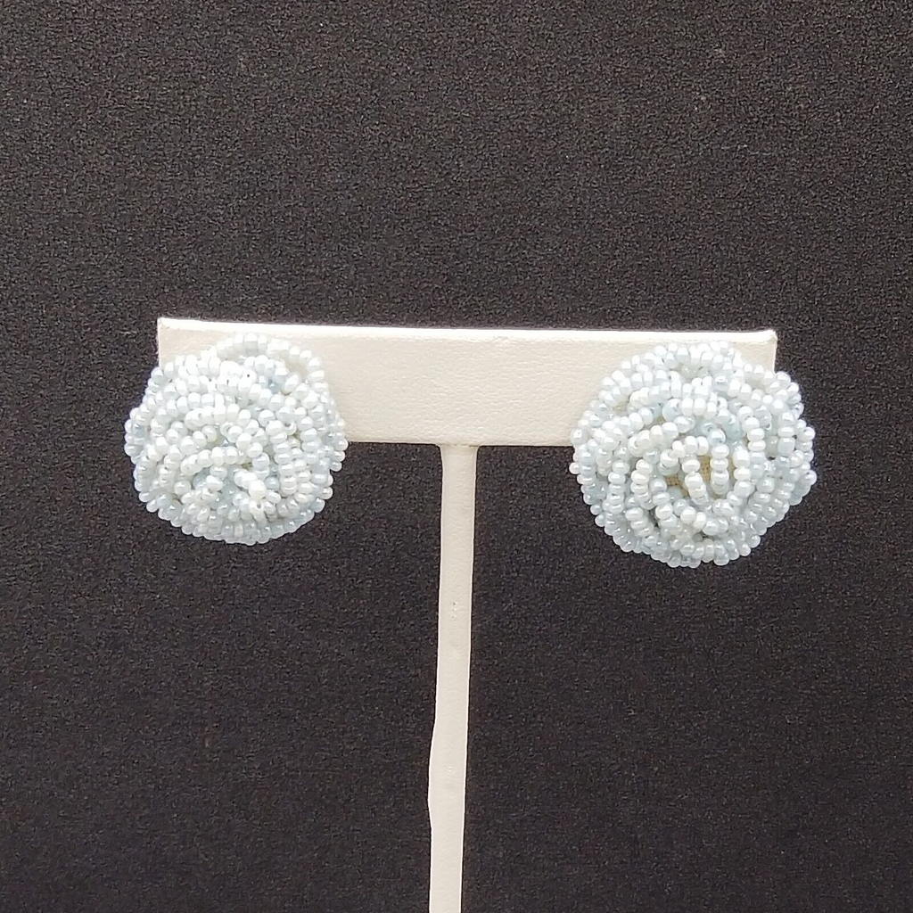 Vintage Clip On Light Blue Seed Bead Knot Button Stud 7/8"