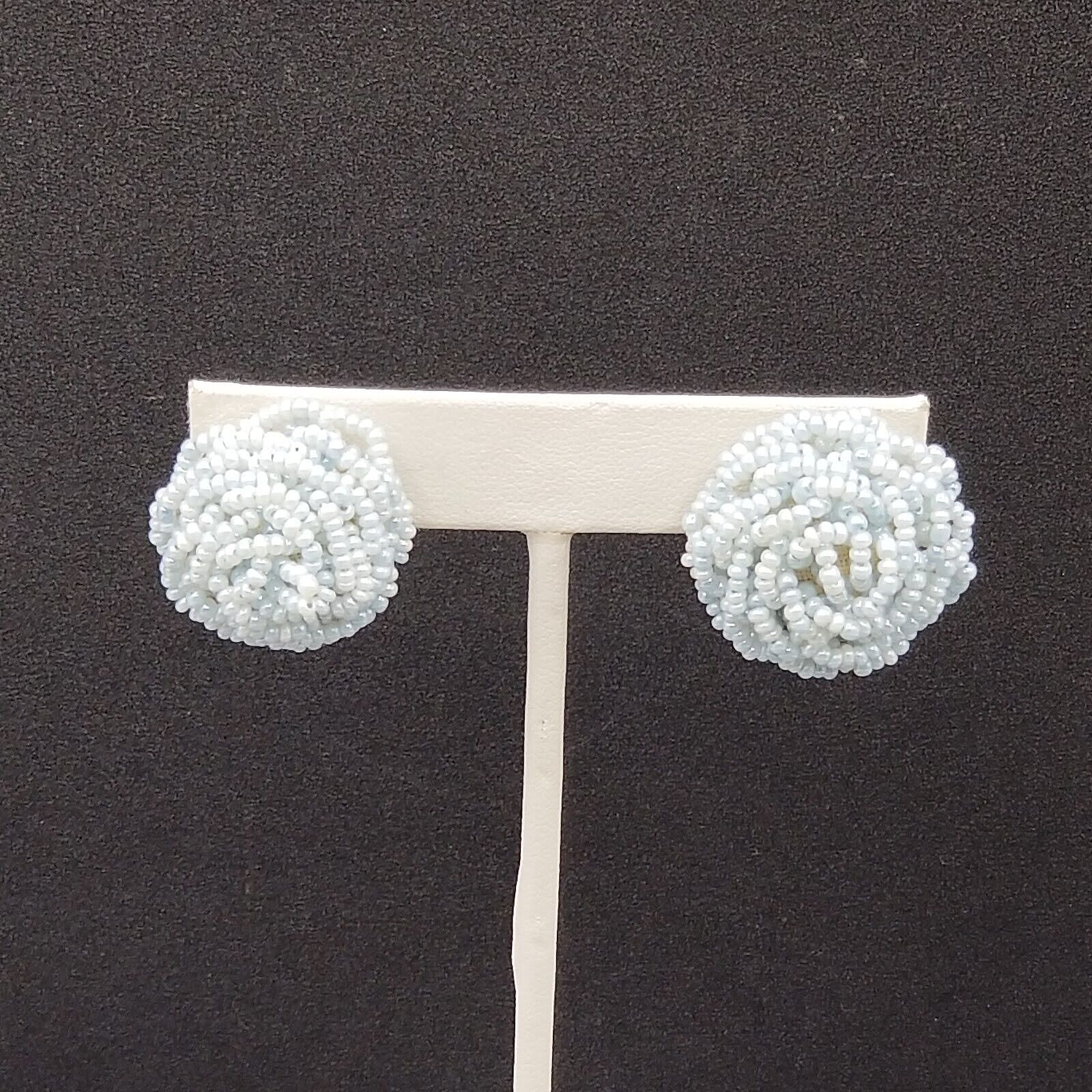 Vintage Clip On Light Blue Seed Bead Knot Button Stud 7/8"