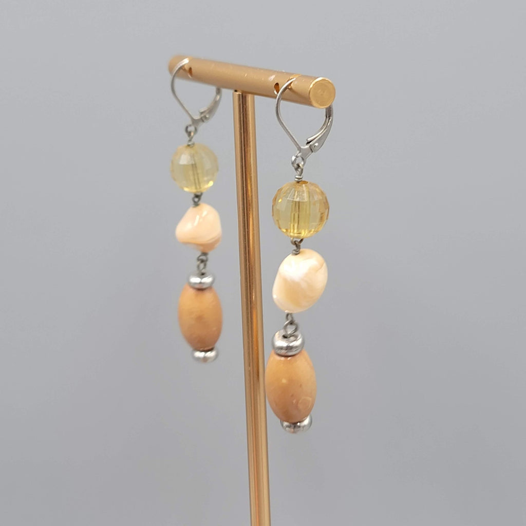 Shell and Wood Bead Pierced Earrings Silver tone Dangle 2 in