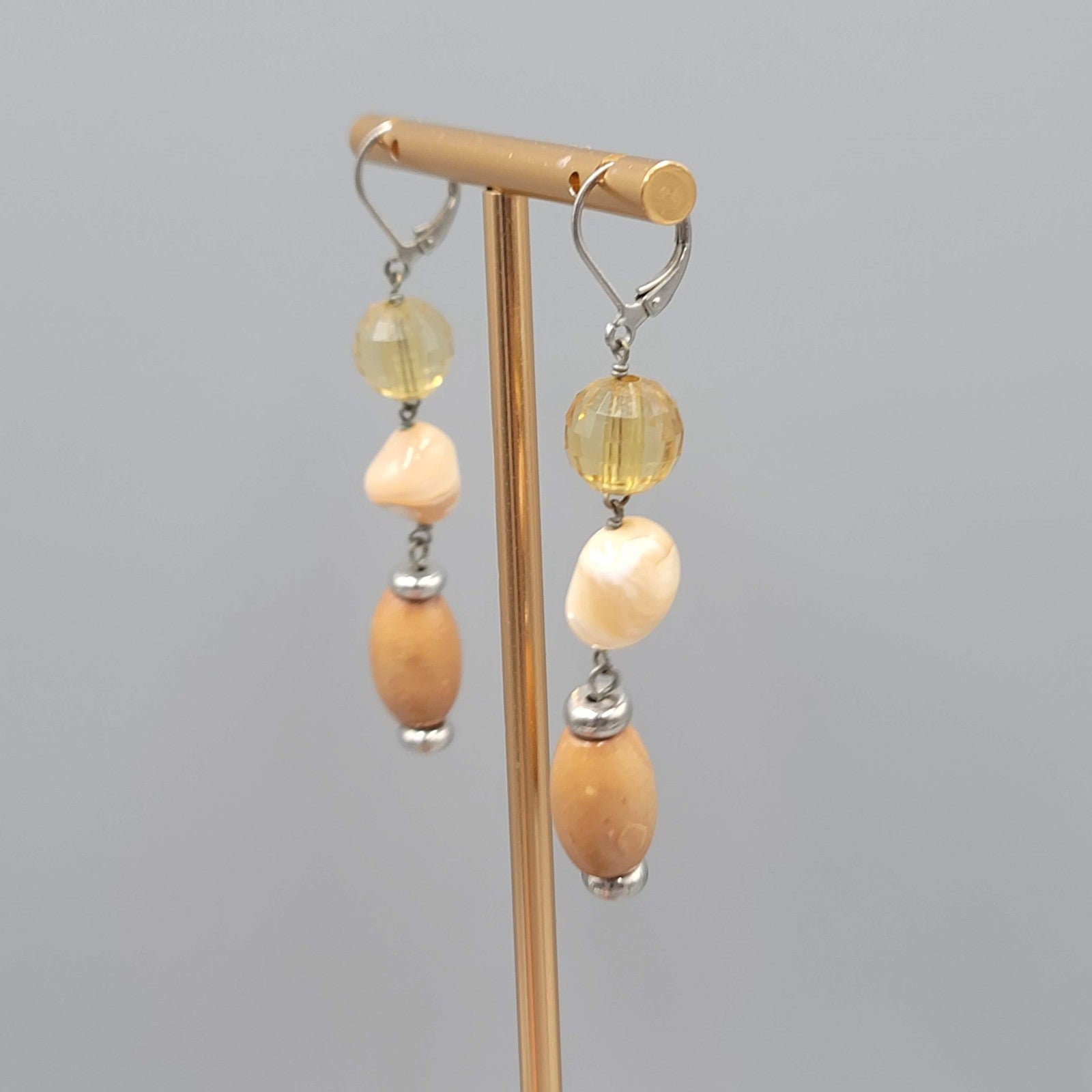 Shell and Wood Bead Pierced Earrings Silver tone Dangle 2 in