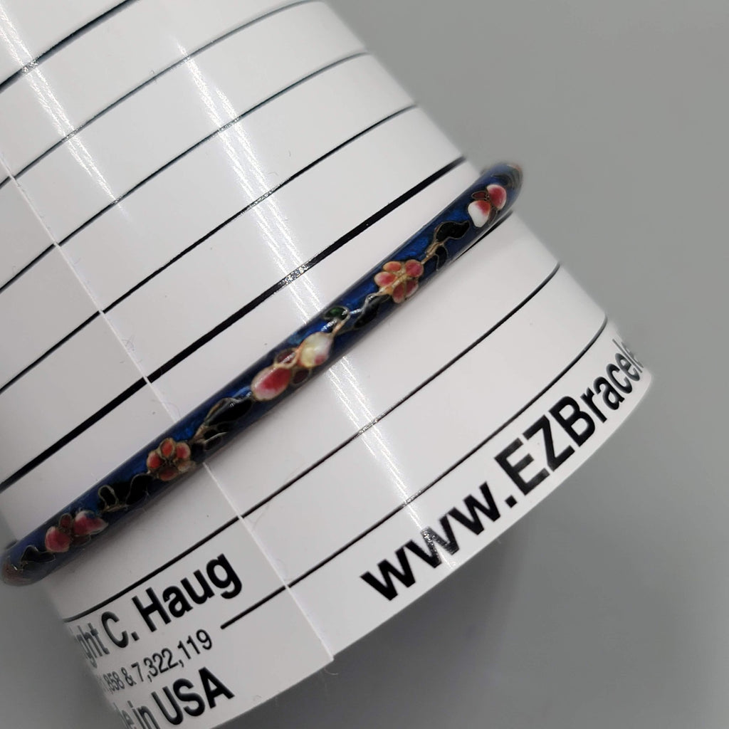Vintage Cloisonne Bangle Bracelet Blue Enamel Flowers 8.25 in