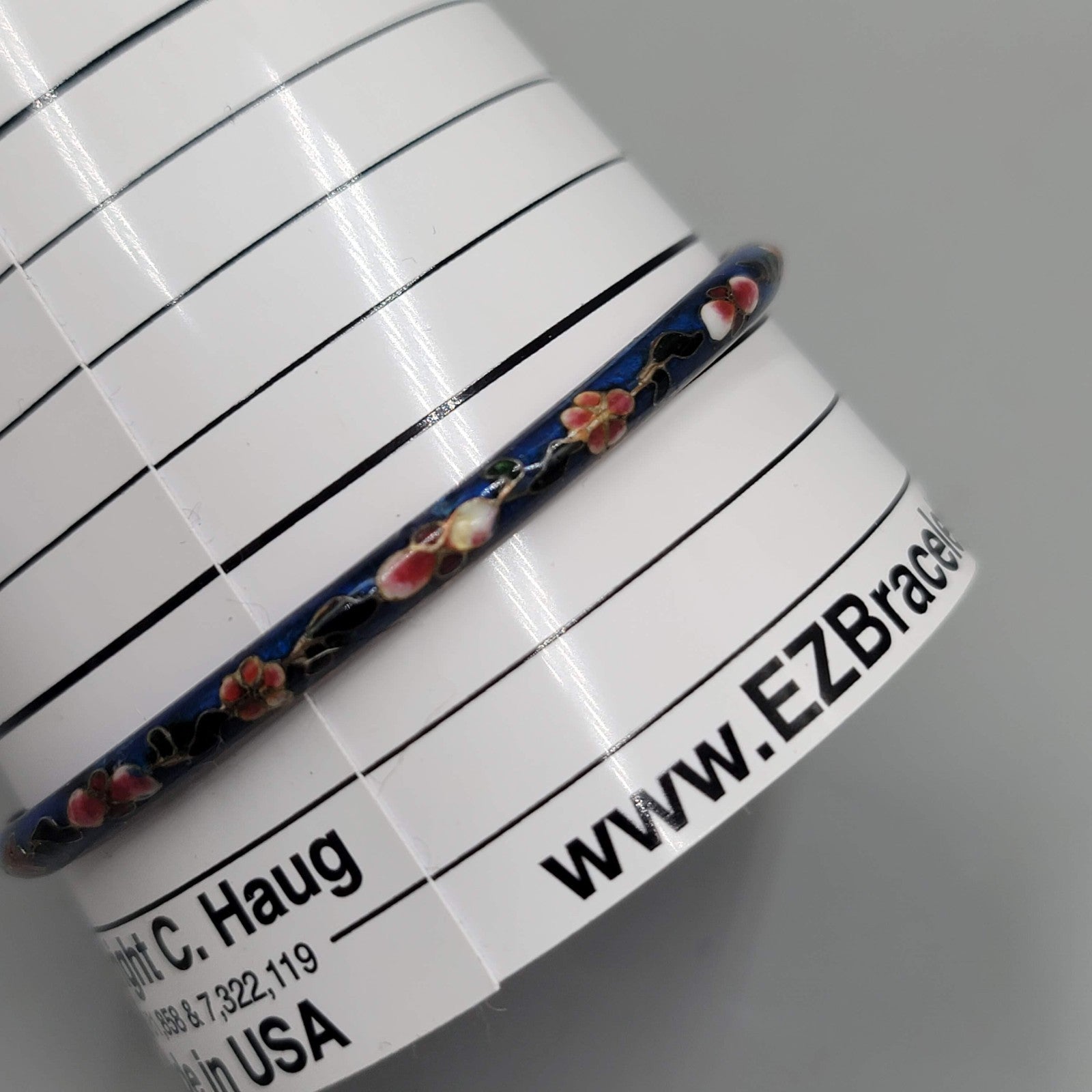 Vintage Cloisonne Bangle Bracelet Blue Enamel Flowers 8.25 in