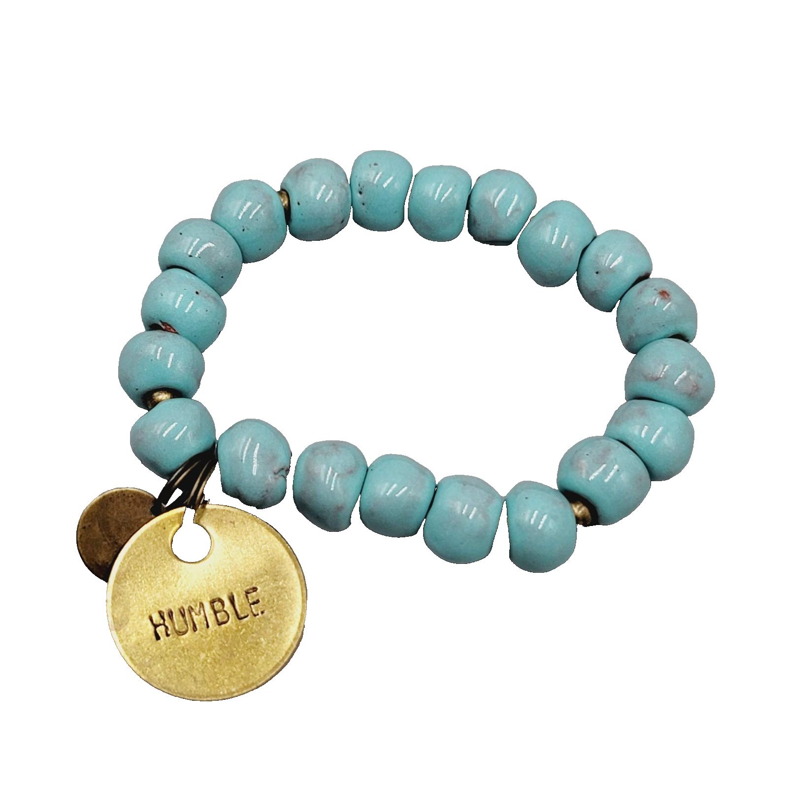 Signed Blue Pottery Blue Bracelet Brass HUMBLE Charm 6.5" Elastic Stretch