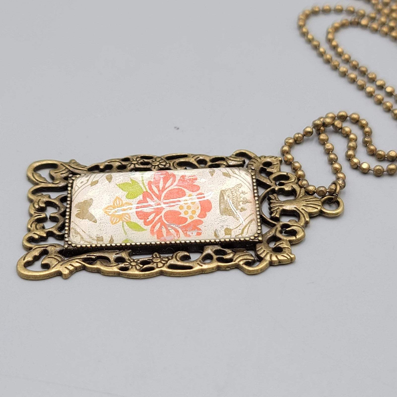 Vintage Floral Glass Framed Pendant Necklace 30" Ball Chain Bronze tone