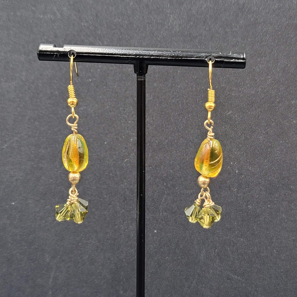 Pierced Earrings Gold tone Art Glass and Green Crystal Beads 1.25"