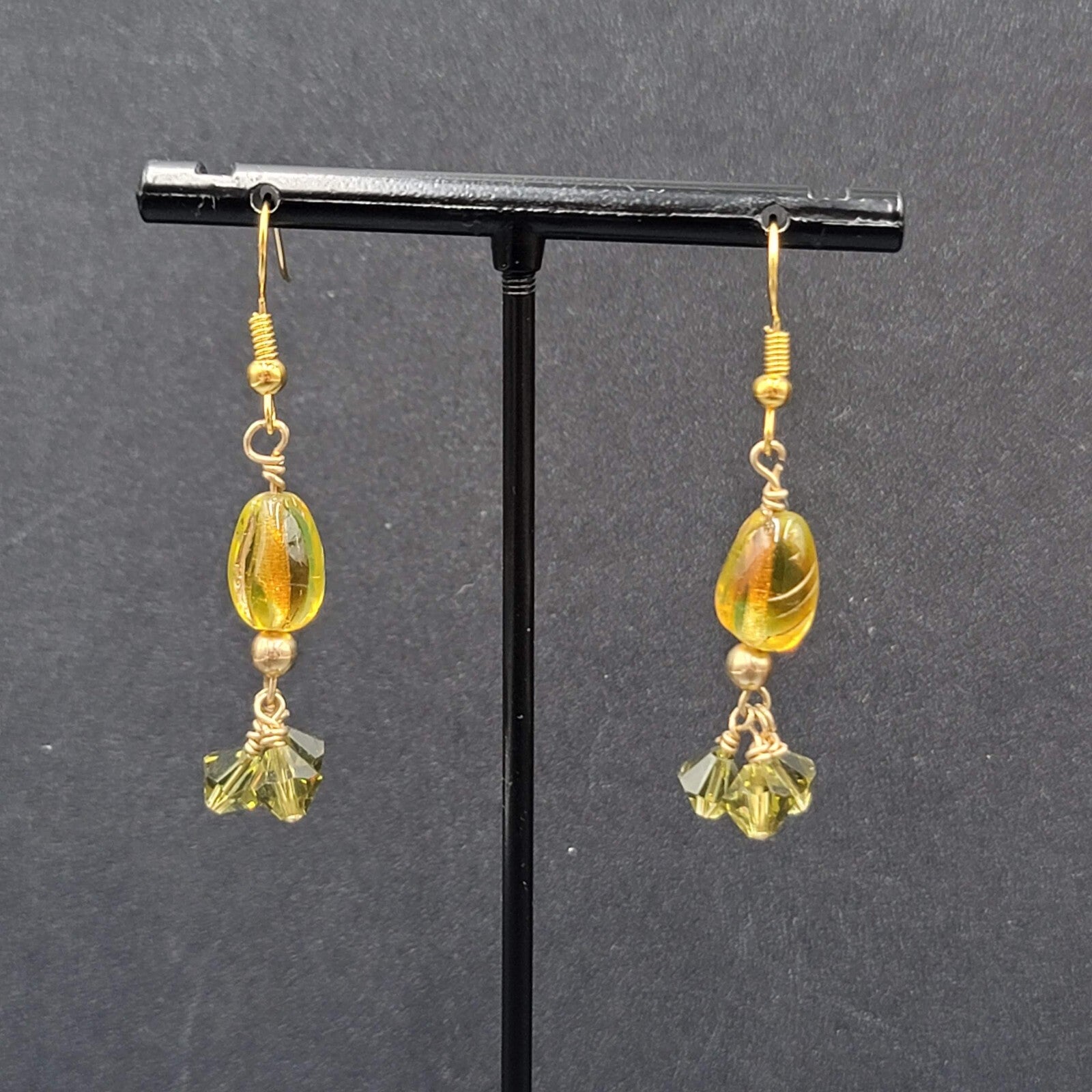 Pierced Earrings Gold tone Art Glass and Green Crystal Beads 1.25"