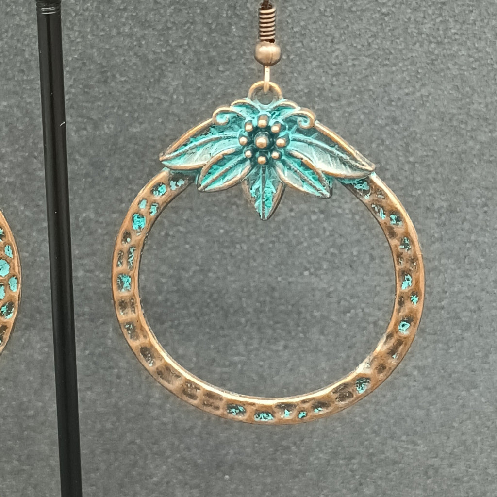 Pierced Earrings Copper tone Green Enamel Flower Open Disc Dangle Boho 1 5/8"