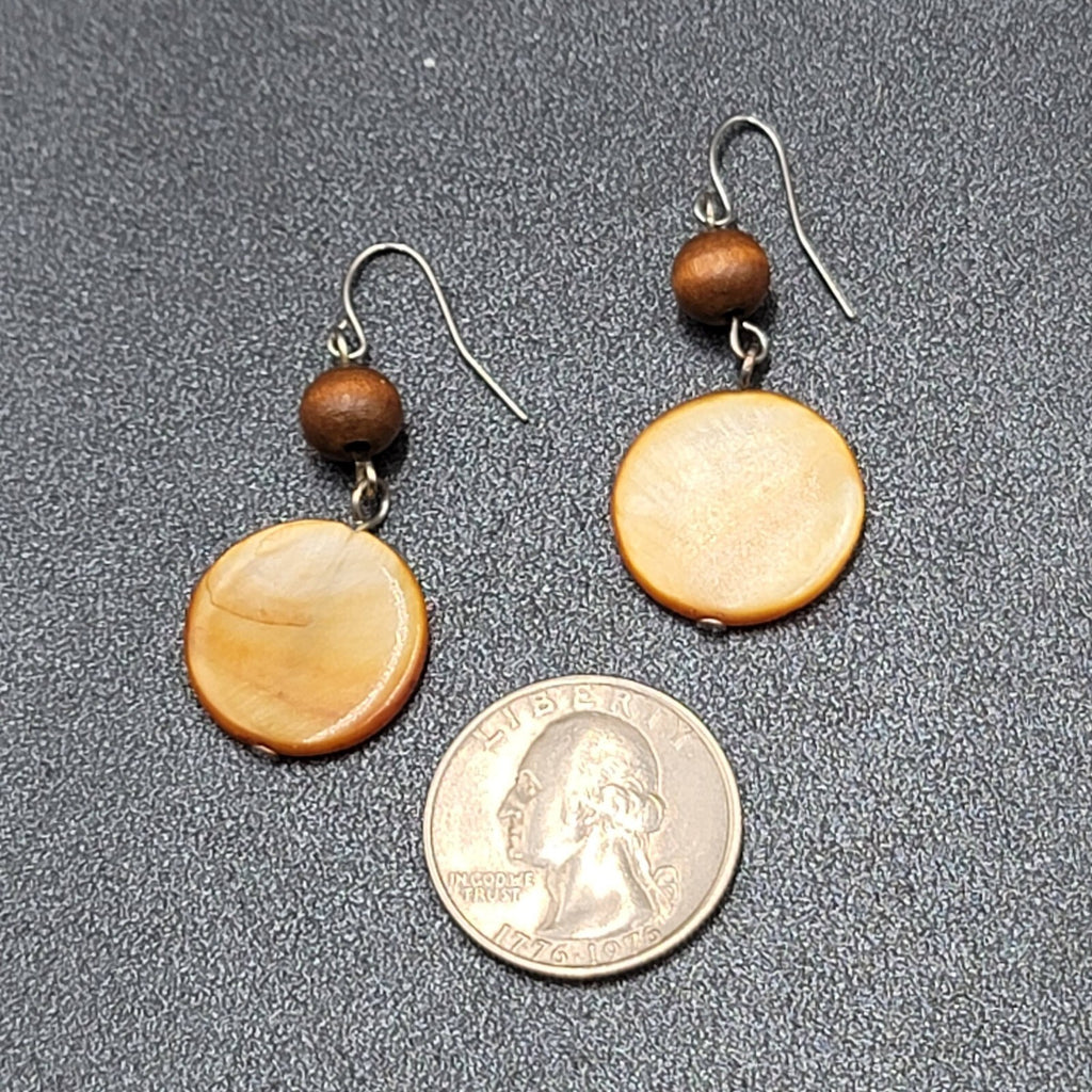 Pierced Earrings Silver tone Wood Bead Brown Round Shell Dangle 1.5"