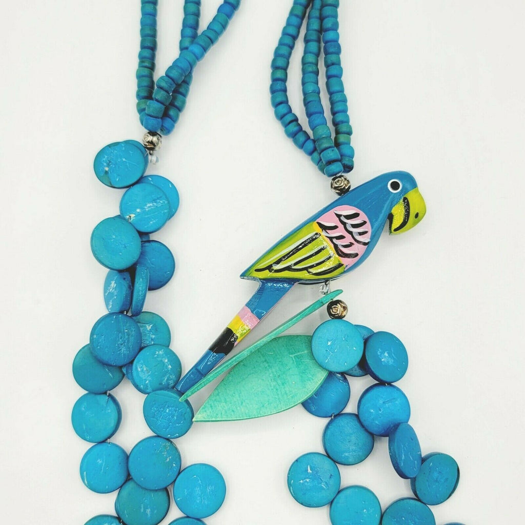 Vintage Blue Parrot Bird Coconut Bead Necklace 27 in Estate Costume Jewelry