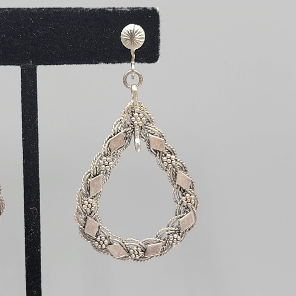 Vintage Open Teardrop Embossed Clip on Earrings Silver tone Dangle 2 in