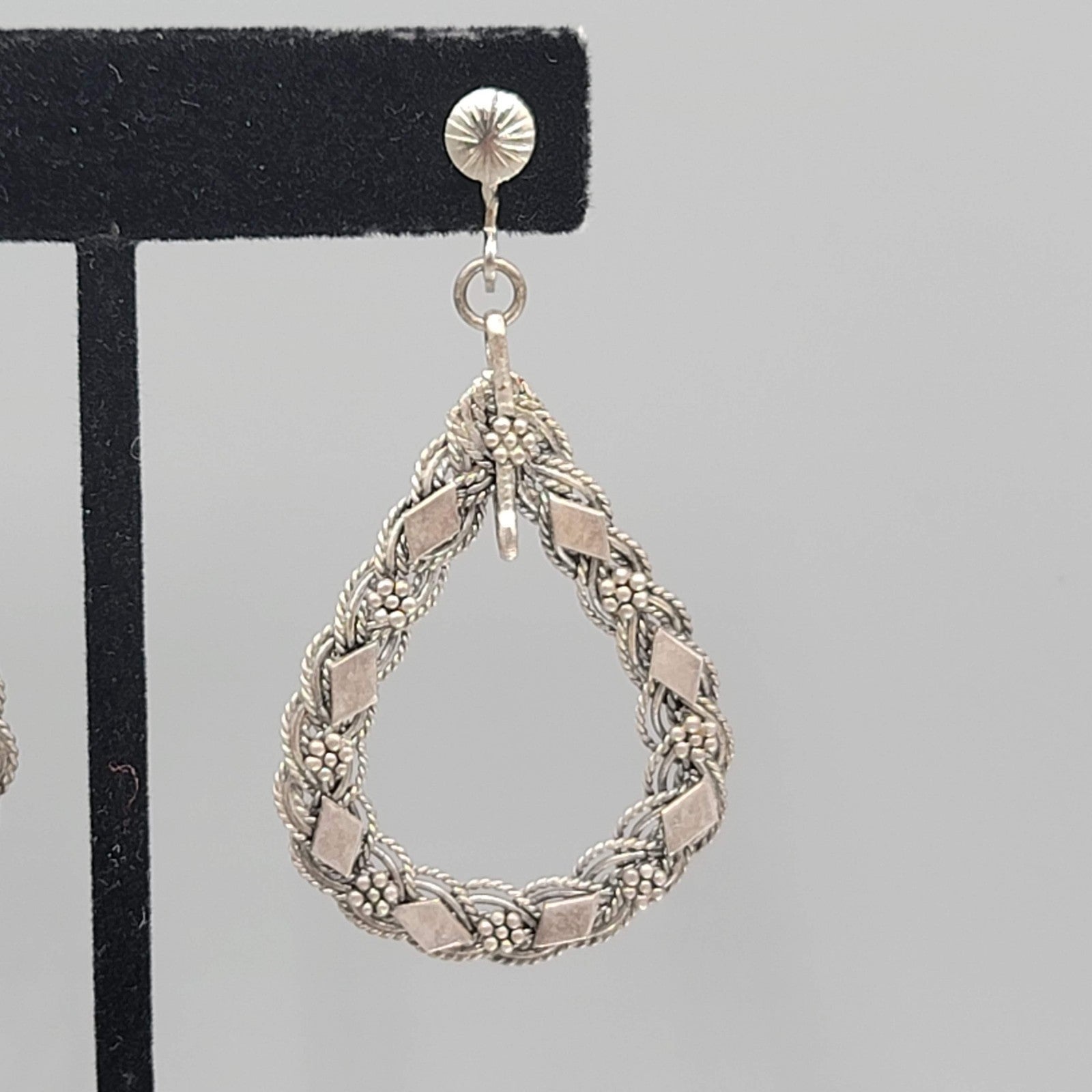 Vintage Open Teardrop Embossed Clip on Earrings Silver tone Dangle 2 in