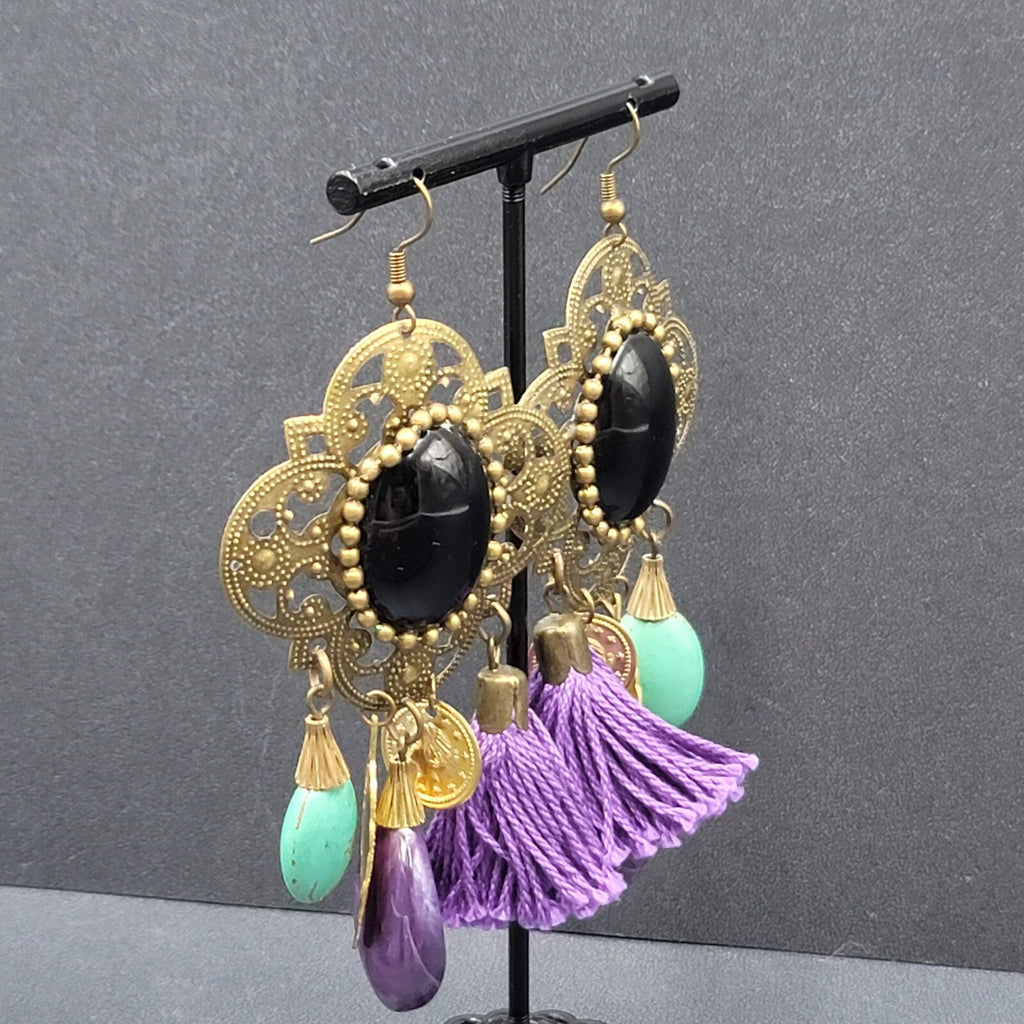 Pierced Earrings Large Statement Bronze tone Purple Tassel Boho Charms 3.5"