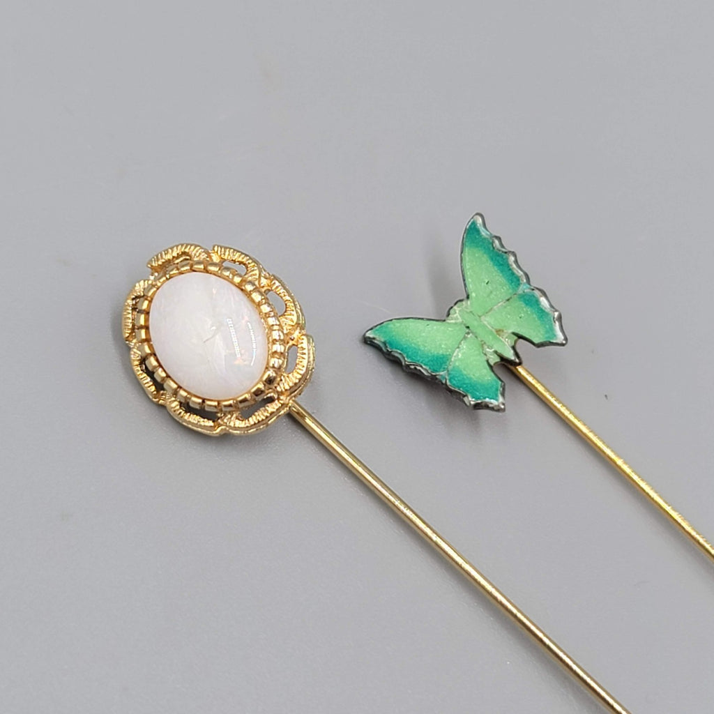 Vintage Gold Tone Stick Pins Butterfly Faux Pearl Enamel Oval Lapel Brooch Set