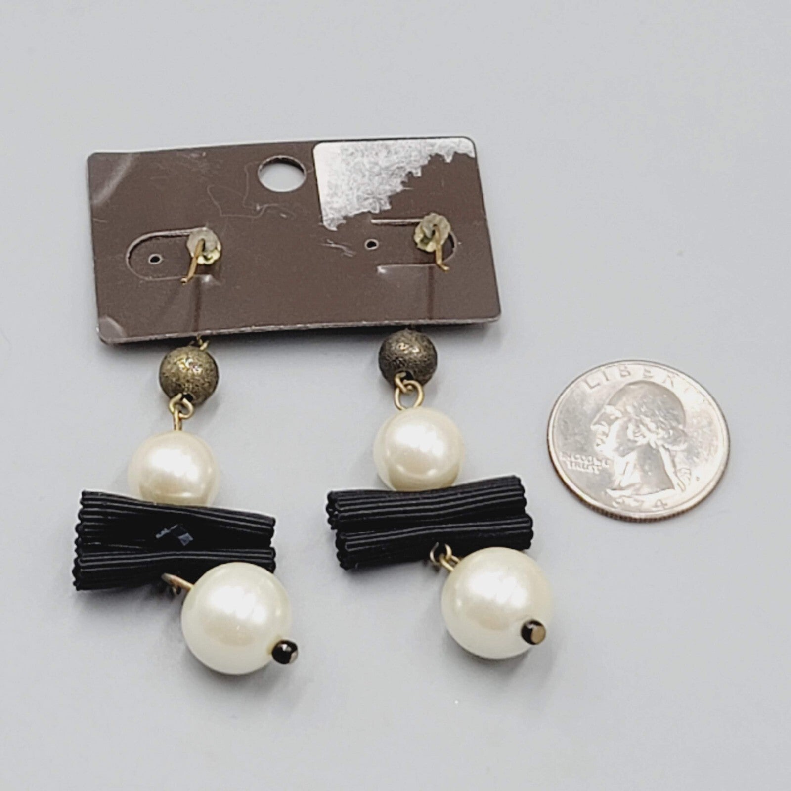 Chicos Pierced Earrings Gold tone White Bead Black Grosgrain Ribbon Dangle NWT