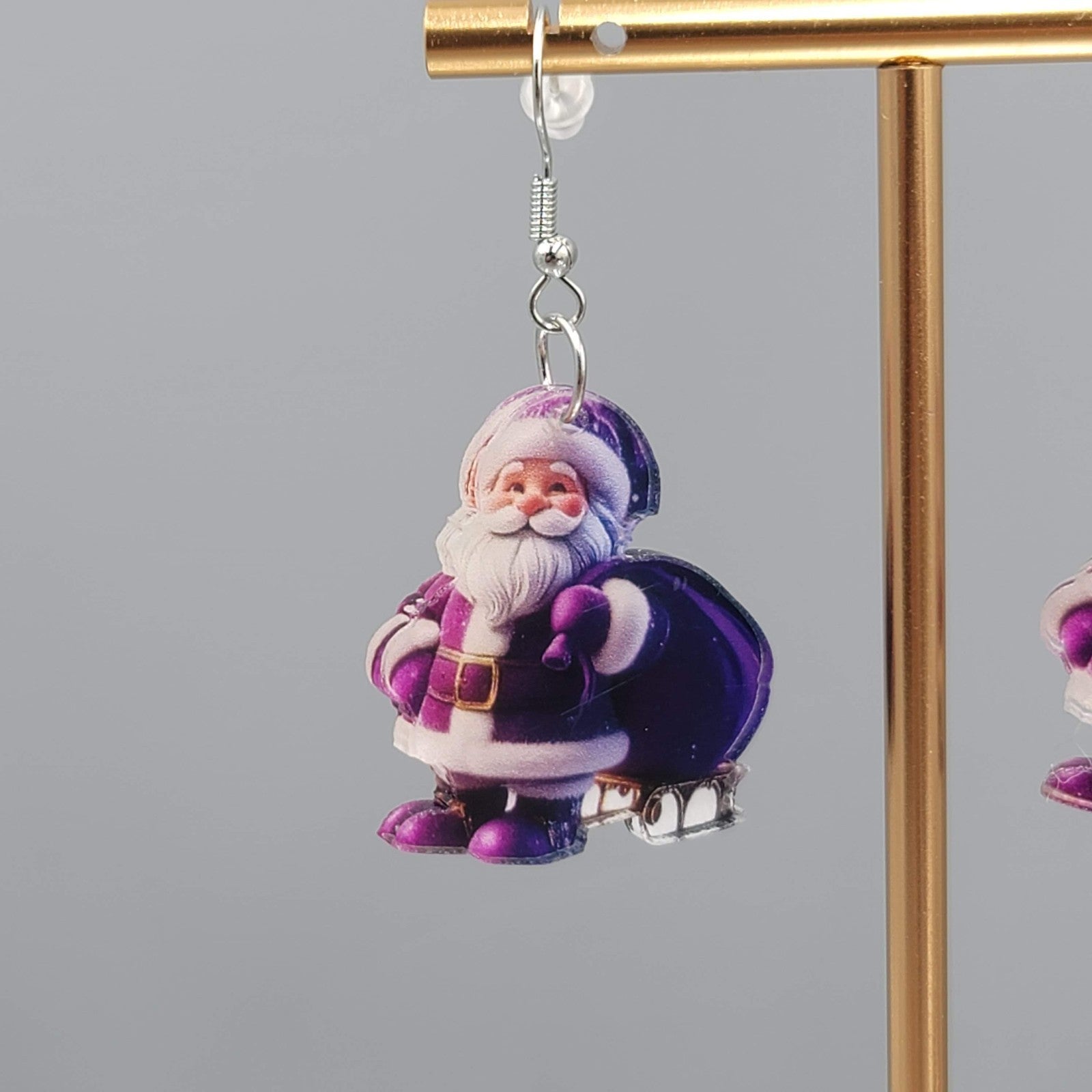 Christmas Santa Purple Bag Pierced Earrings Silver tone Dangle 1.25 in