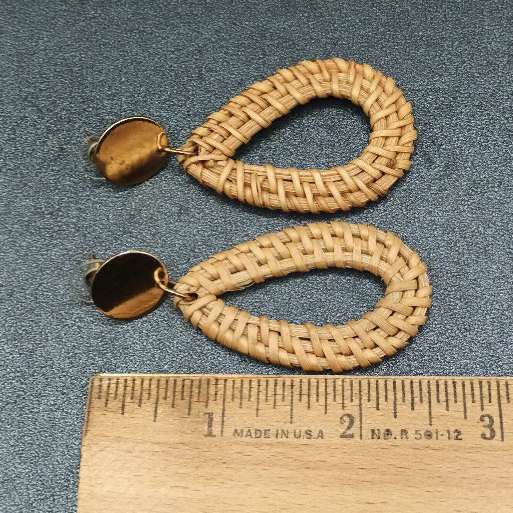 Pierced Earrings Gold tone Rattan Teardrop Statement Dangle 2 1/2"