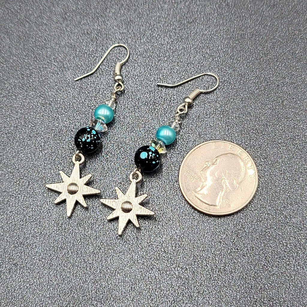 Pierced Earrings Silver tone Blue Bead Rhinestone Star Dangle 1.75"