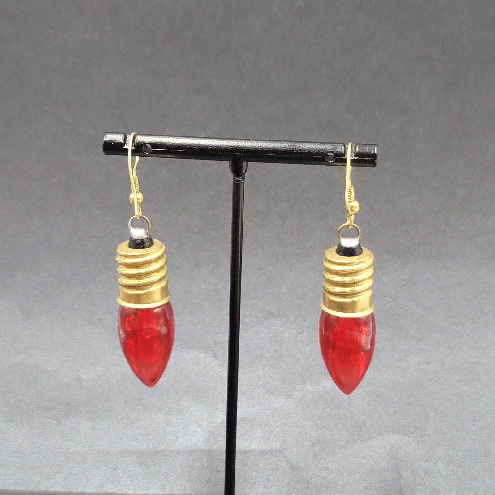 Christmas Pierced Earrings Gold tone Red Christmas Bulbs 1.75"