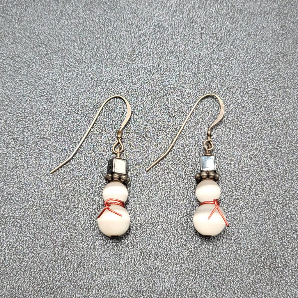 Snowman Pierced Earrings White Cats Eye Beads Hematite Hat Dangle 7/8"