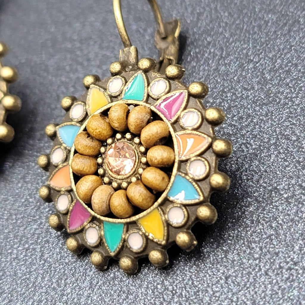 New Boho Pierced Earrings Bronze tone Medallion Enamel Wood Bead 1"