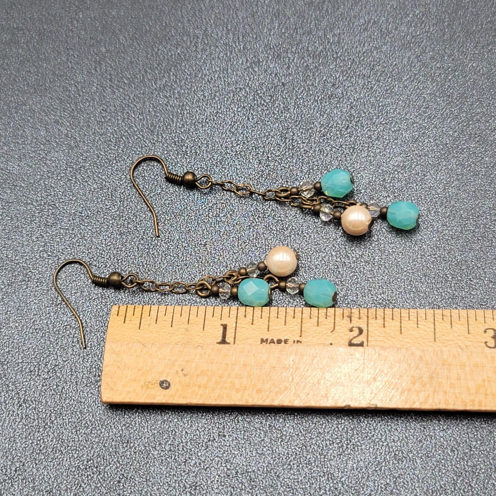 Pierced Earrings Bronze tone Blue Glass Bead Dangle Chains 1.75"