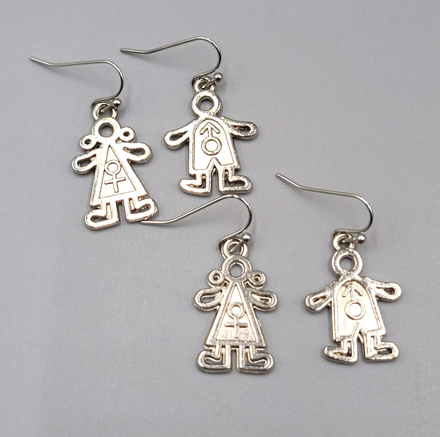 Boy Girl Pierced Earrings Mix Match Silver tone Dangle 1"
