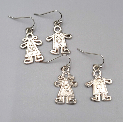 Boy Girl Pierced Earrings Mix Match Silver tone Dangle 1"