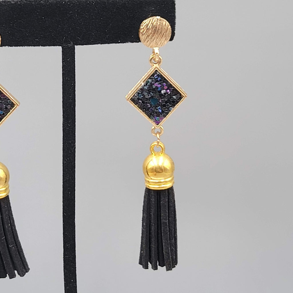 Black Tassel Pierced Earrings Gold tone Dangle 3"