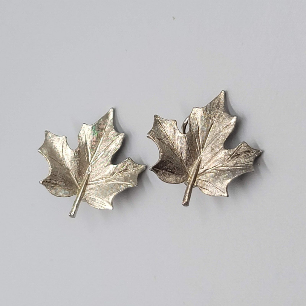 Vintage Leaf Clip on Earrings Brushed Textured Silver tone 1.25"