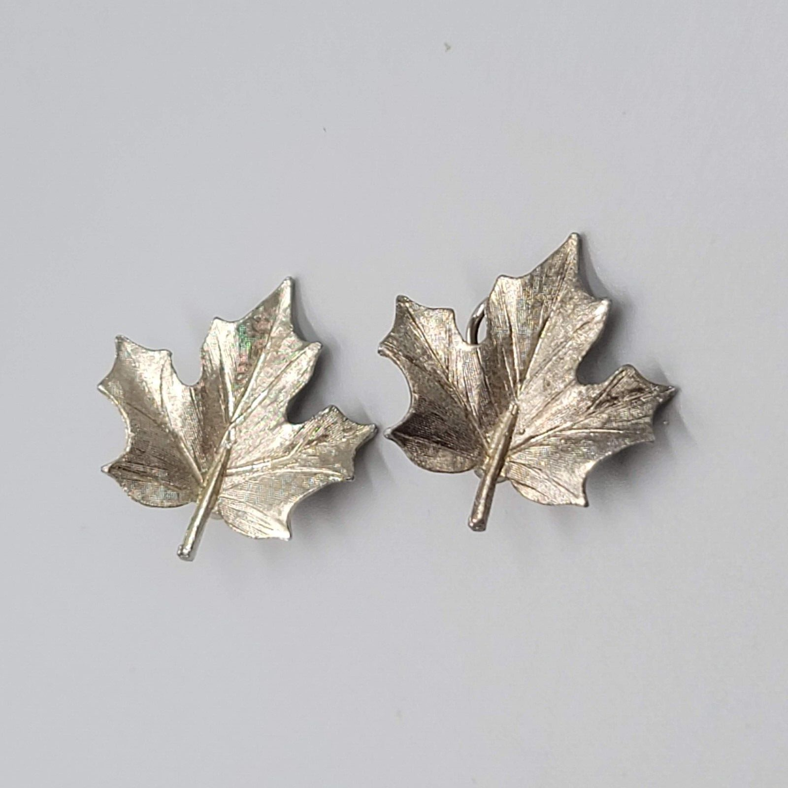 Vintage Leaf Clip on Earrings Brushed Textured Silver tone 1.25"