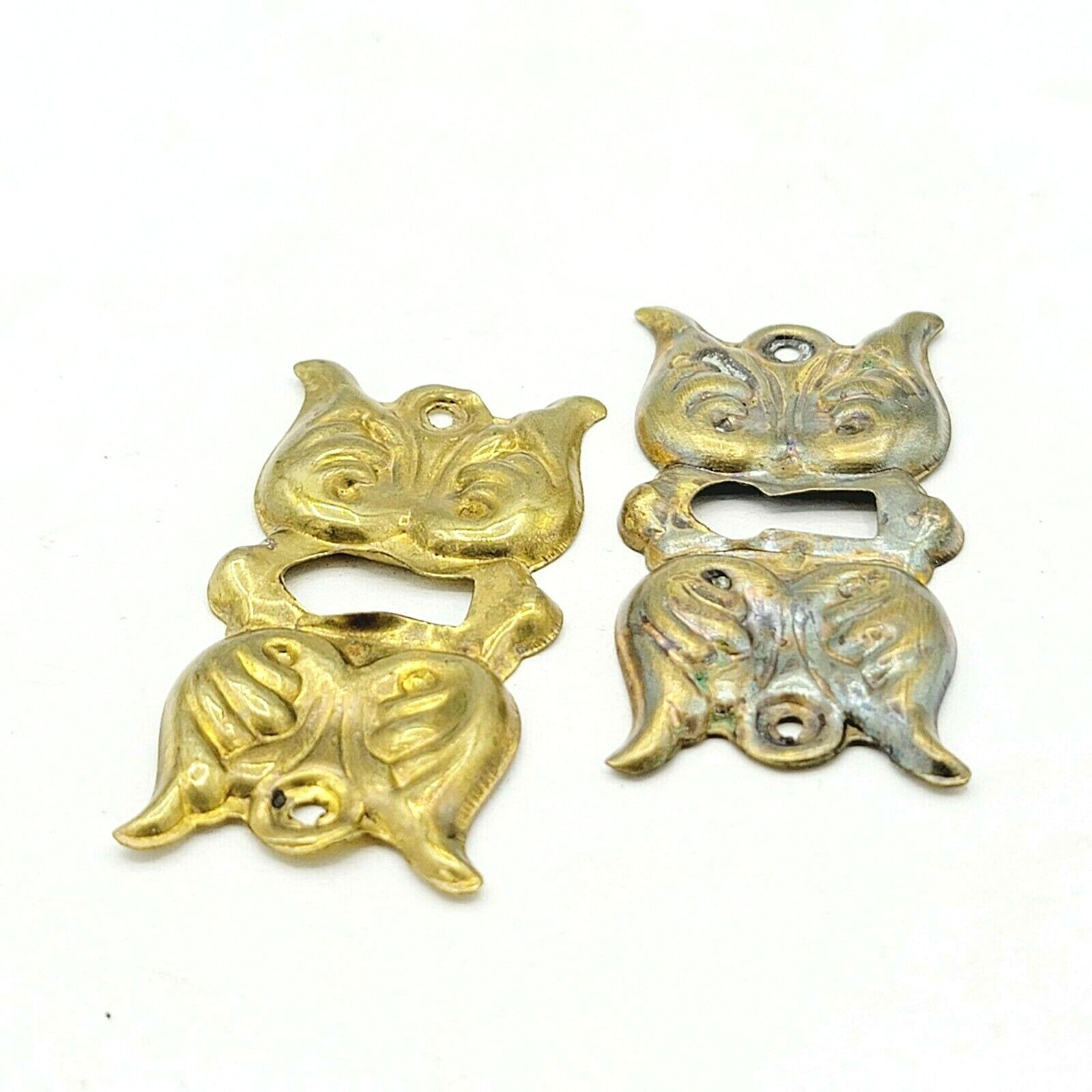 Vintage Ornate Brass Skeleton Key hole Escutcheon Lot of 2 Hardware 2 1/4" x 1"