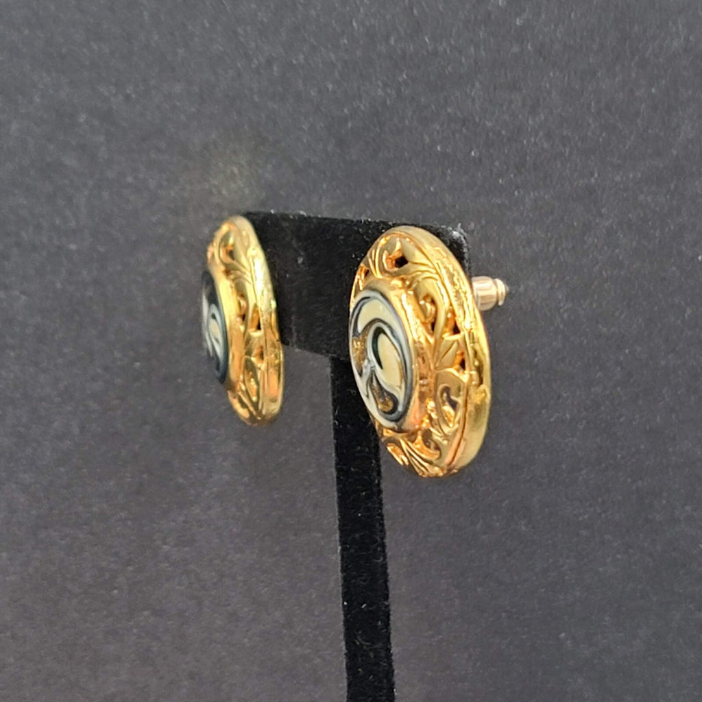 Vintage Pierced Earrings Gold Plated Blue Swirl Enamel Round Drop 1"