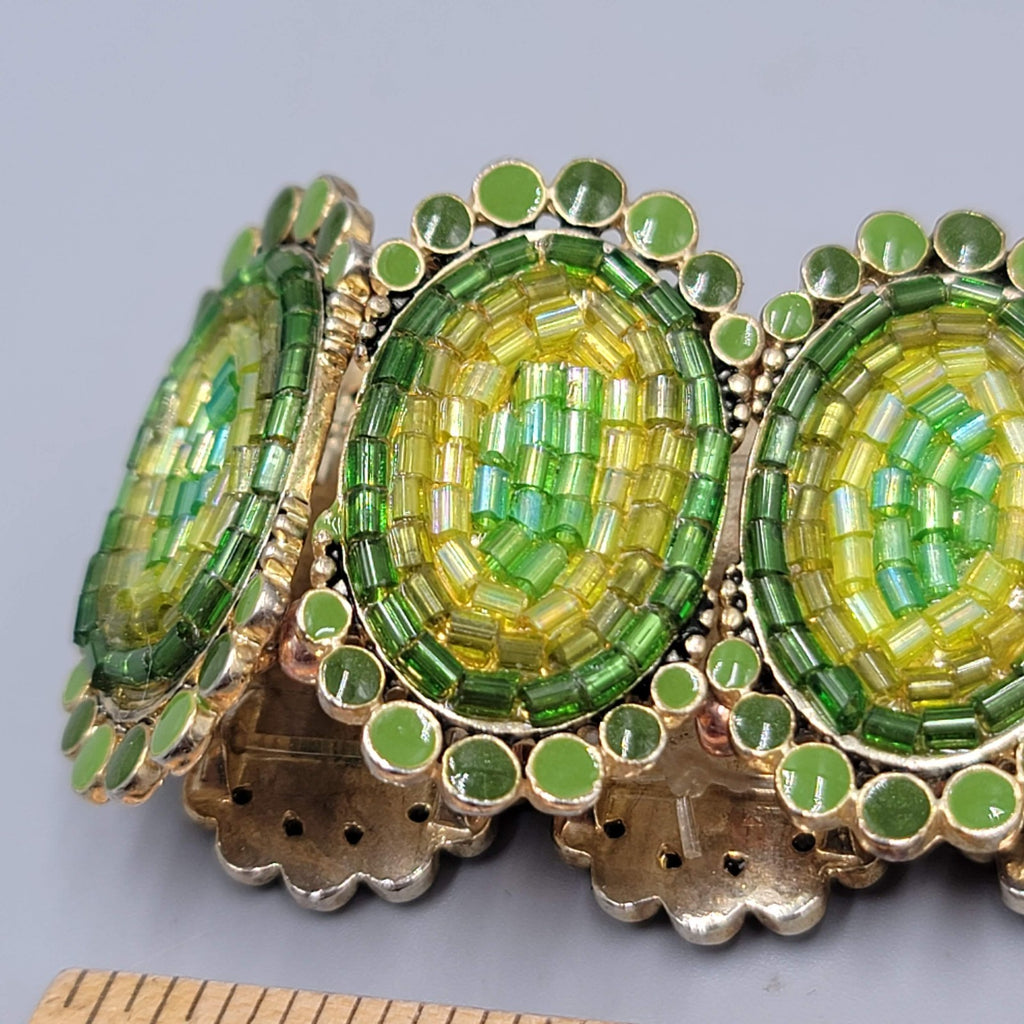 Green Seed Bead Panel Elastic Bracelet Gold tone 6"