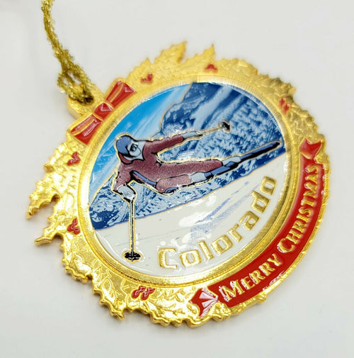 Brass Colorado Christmas Ornament Ski Sanborn Metal Souvenir 2 1/2"  x 2 1/4"