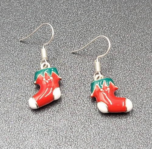 Christmas Pierced Earrings Silver tone Enamel Stockings Solid 5/8"