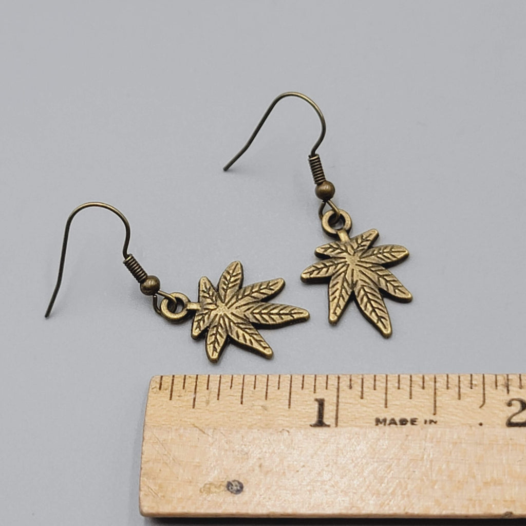 Marijuana Leaf Weed 420 Pierced Earrings Bronze tone Dangle 3/4"
